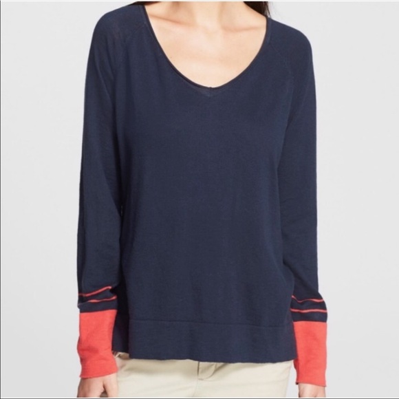 Vince Sweaters - Vince Navy Blue Red Cotton V Neck Sweater XS